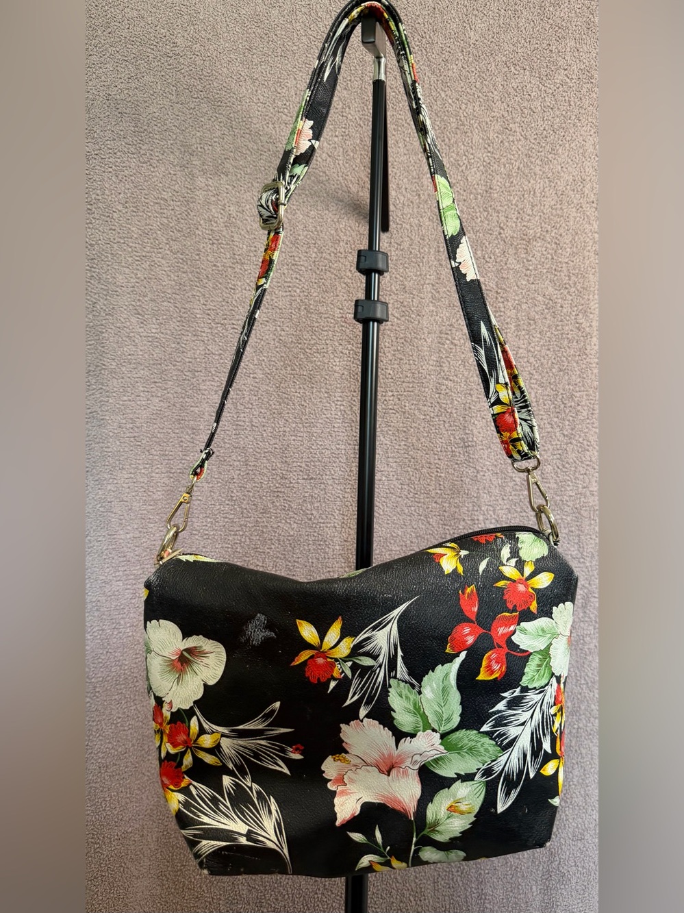 MOSHINO Black Floral Crossbody Shoulder Bag Adjustable Strap Gold Hardware